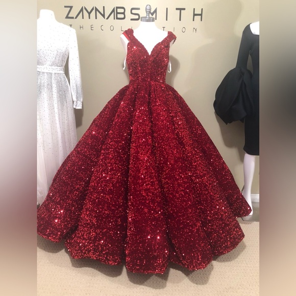 Red Sequin Heavy Lacrosse Back Ball Gown Wedding Dress - Picture 4 of 12